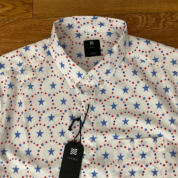 Visive Other - Visive Mens Short Sleeve Shirt Button Down Star Stripes Patriotic USA Large NEW